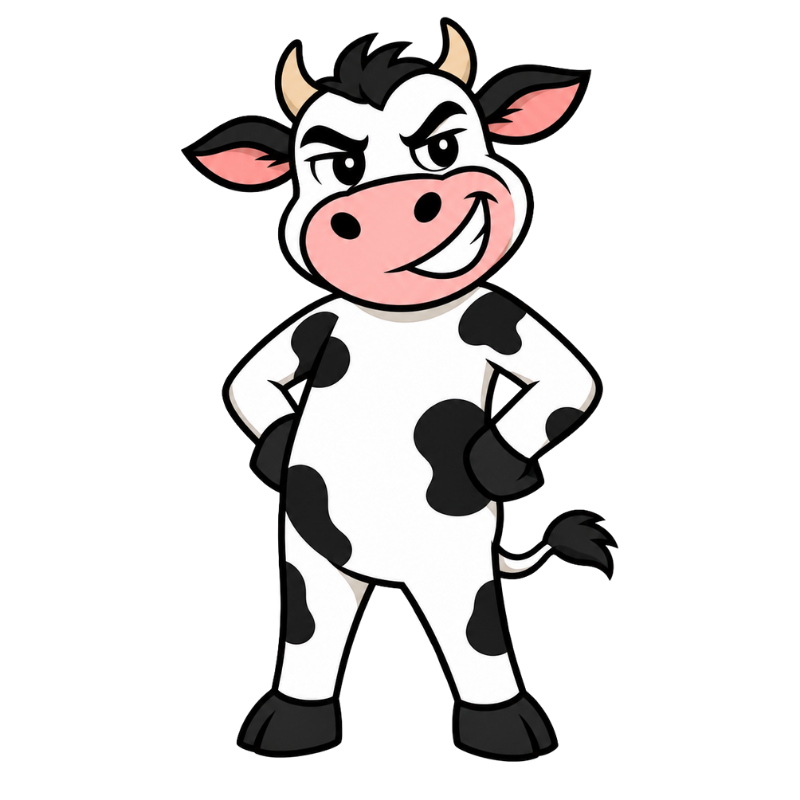Audacious Cow mascot striking a confident pose